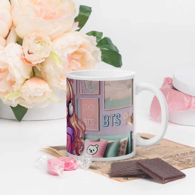 Taza BTS Army chica escuchando BTS blanca brillante - Imagen 3