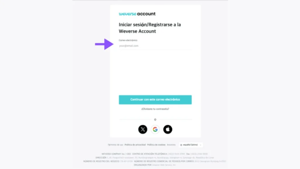Crear cuenta en Weverse