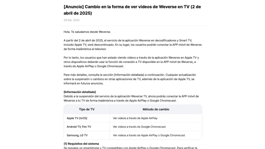 Fin a la aplicación Weverse en TV